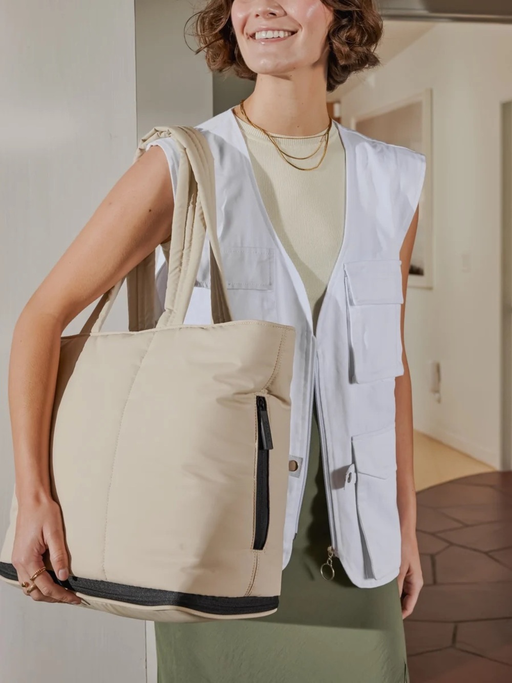 Calpak Luka Expandable Laptop Tote in Oatmeal - Picture 2 of 9